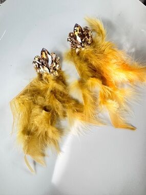 Free People Gold Crystal & Golden Feather Statement Earrings